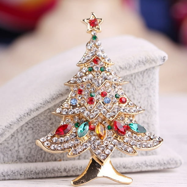 Vintage Christmas Tree Brooch Pin Crystal Gold Tone Metal Scarf Brooch Jewelry